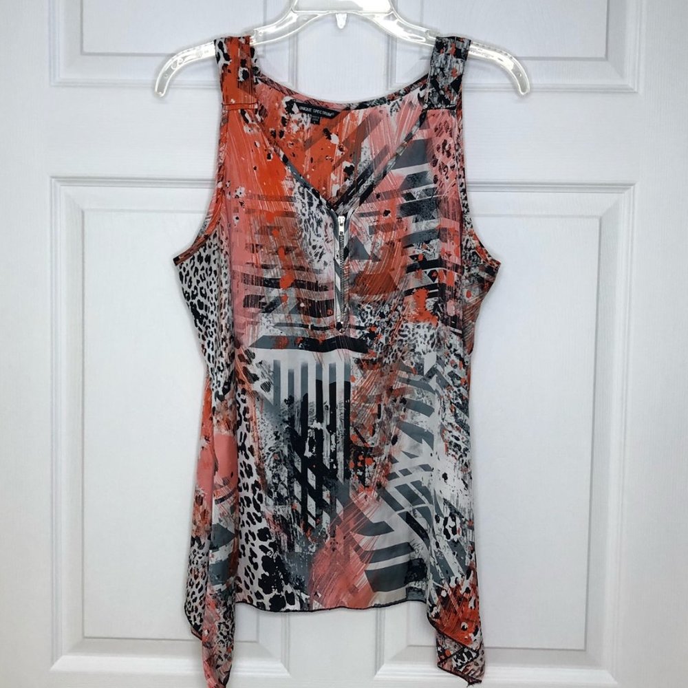 Unique Spectrum Geometric & Animal Print Collage Tank w/Zipper Front  L